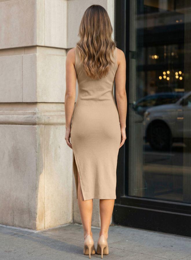 Freehand Women Fitted Solid Round Neck Sleeveless Bodycon Dress - Image 5